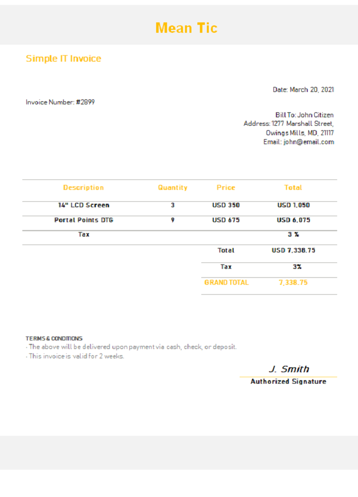 USA Mean Tic invoice PSD template